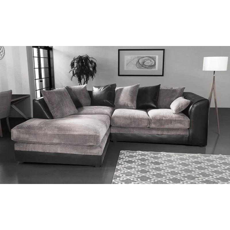 Black & Grey Sofa Corner Suite Cord Fabric + Leather Look Modern Left Right 3&2