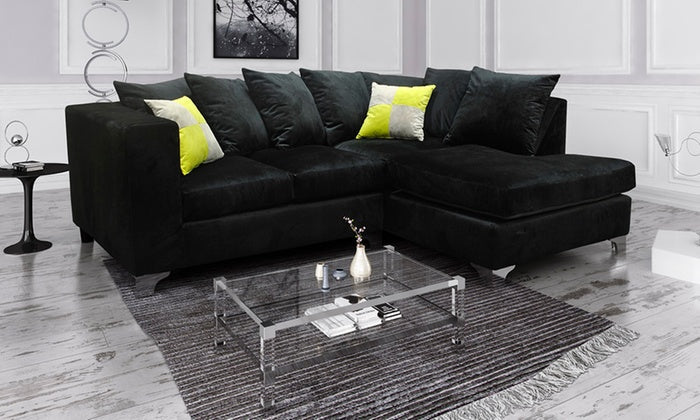 Black Plush Velvet Corner Sofa