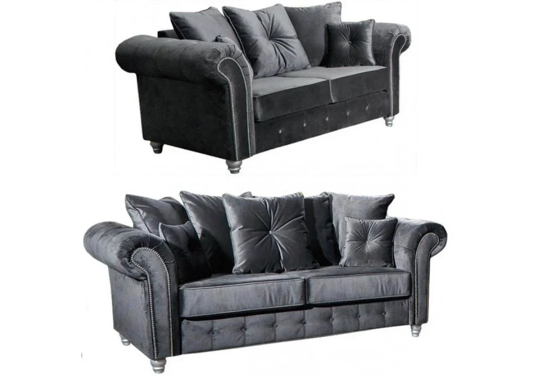 Zoey Plush 3+2 Seater Sofa Grey-Button Arms